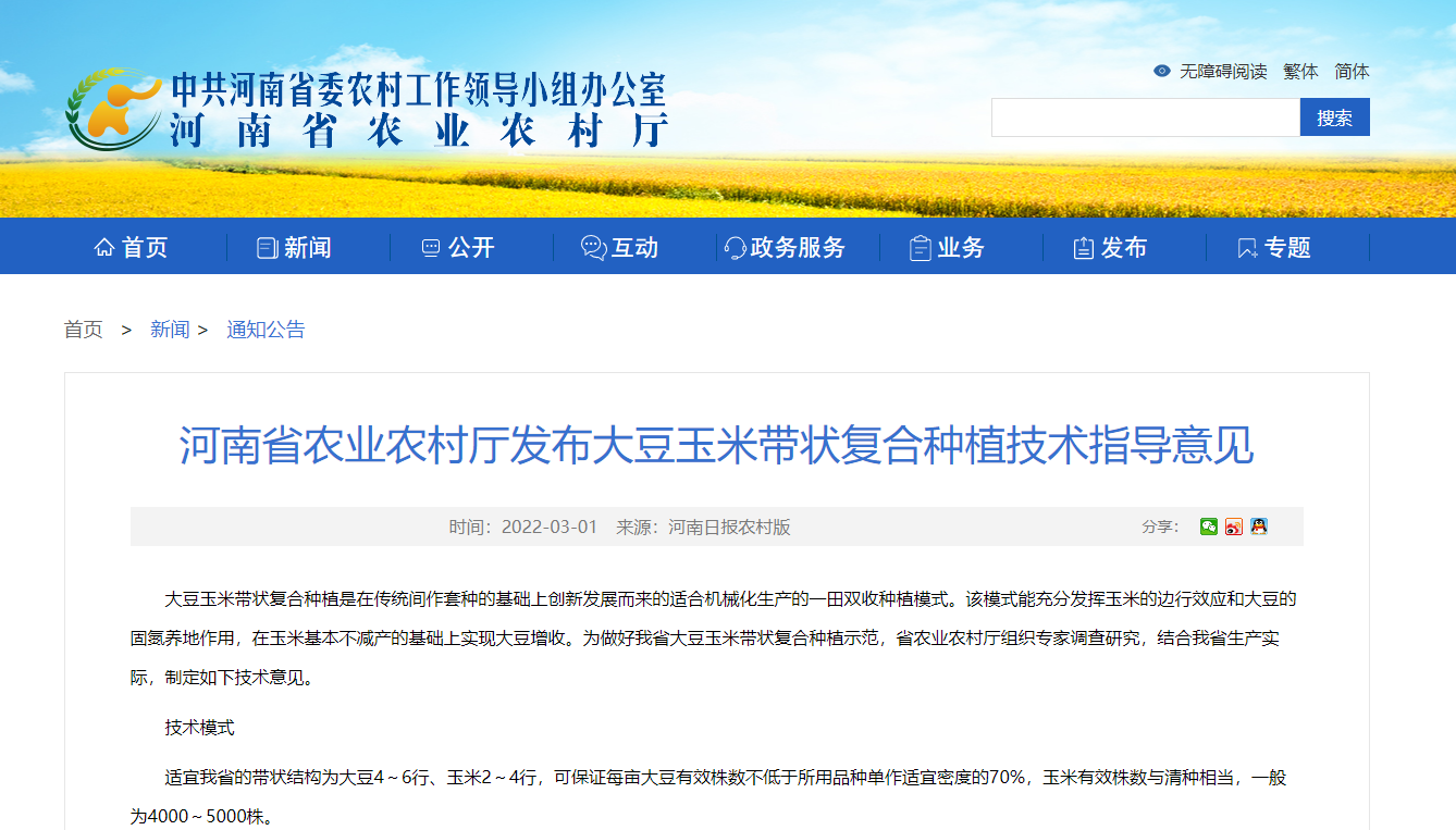 河南省农业农村厅发布大豆玉米带状复合种植技术指导意见